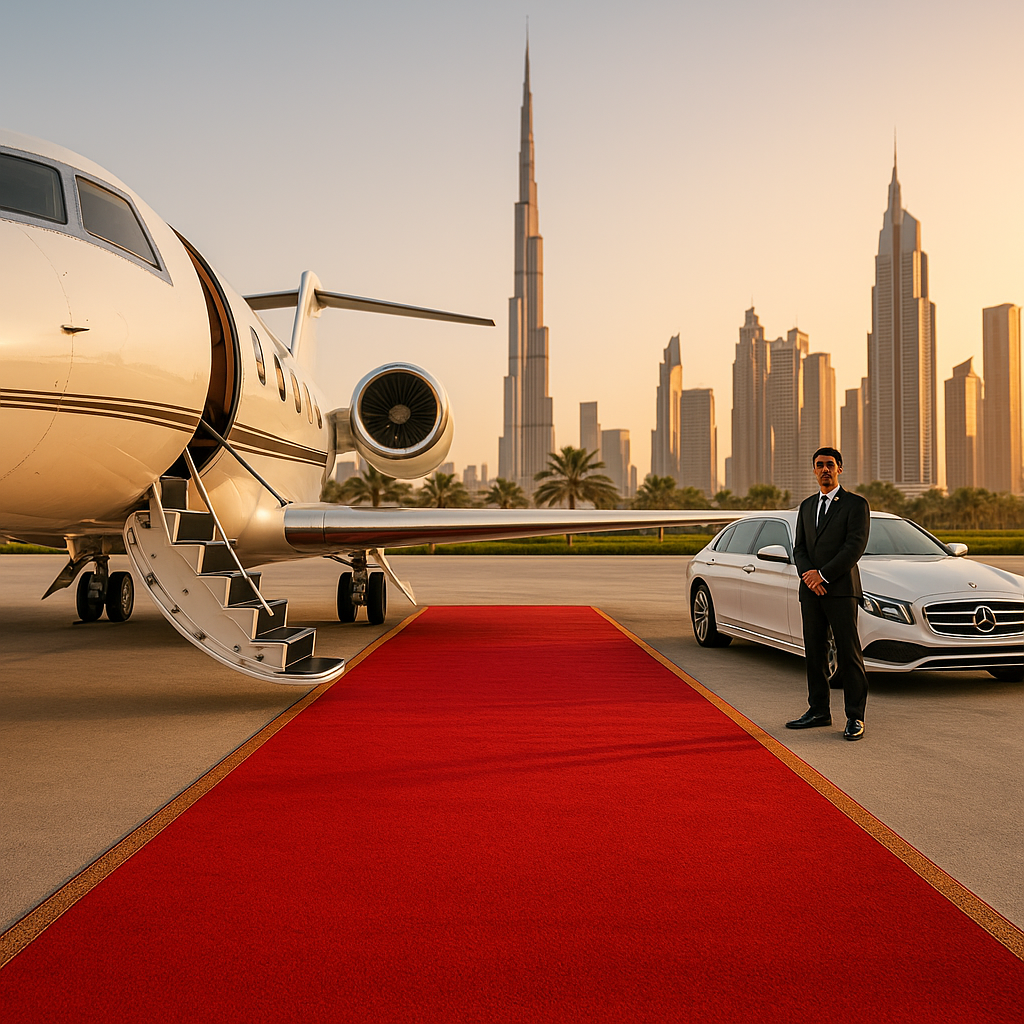 Luxury arrival in Dubai with private jet and red carpet, representing Atlas Relocation Partners' premium UAE Golden Visa service